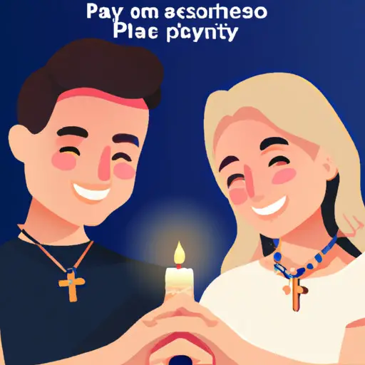 An image showcasing a smiling couple, hands clasped in prayer, with a rosary intertwined between their fingers