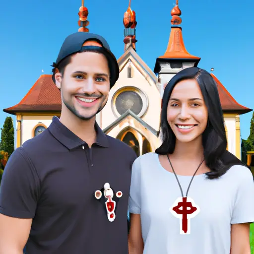 An image showcasing a smiling couple, both wearing crosses around their necks, while holding hands in front of a picturesque church backdrop