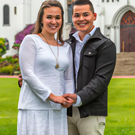 An image that captures the joy and togetherness of a Catholic couple, smiling and holding hands in a picturesque church garden, their love evident in their eyes and their faith radiating from their joyful expressions