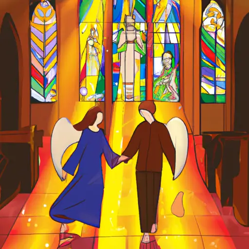 An image showcasing a cheerful couple strolling through a vibrant cathedral, holding hands, as sunlight streams through stained glass windows