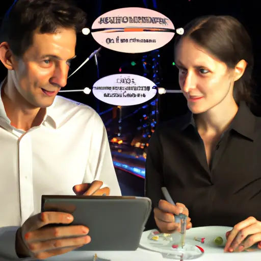 An image showcasing two engineers enjoying a romantic dinner at a sleek, futuristic restaurant, their eyes sparkling with excitement as they discuss complex circuit diagrams on a tablet, forging a connection beyond words