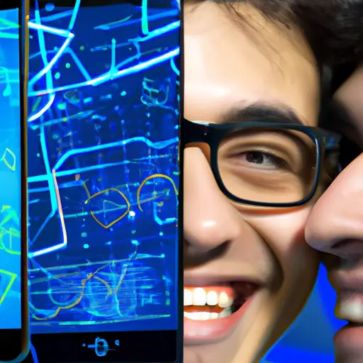 An image of a smartphone screen split in two, with one side displaying complex mathematical equations, coding symbols, and circuits, and the other side showcasing diverse, smiling faces of engineers engaged in conversations and sharing their passions