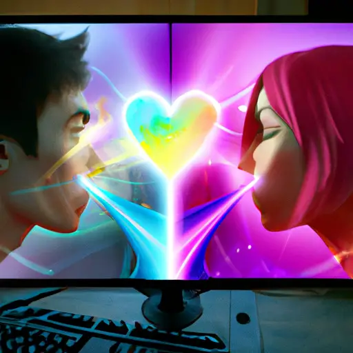 An image featuring two gamers engrossed in intense gameplay, their avatars sharing a virtual kiss on a screen split by a heart-shaped explosion