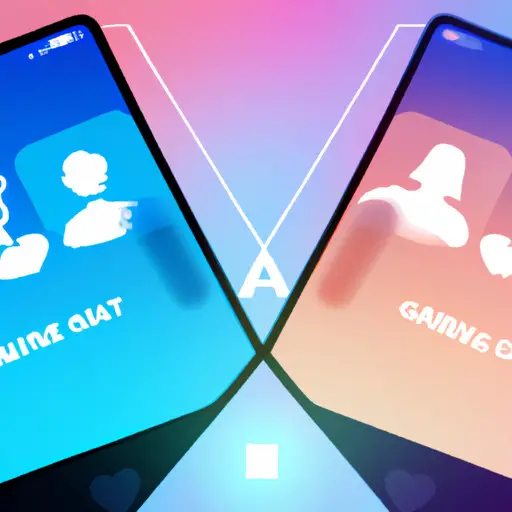 E of a smartphone screen split in half: on the left, a dating app interface with gaming-related icons and profiles; on the right, a vibrant virtual world bursting with diverse gamers connecting and sharing their passions