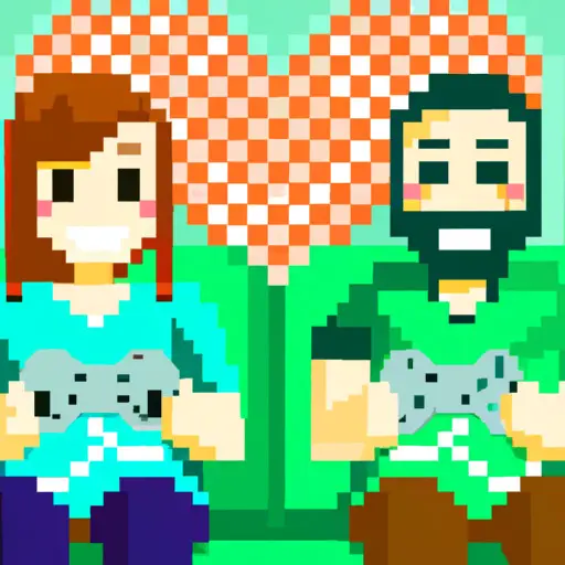 An image featuring two smiling gamers, seated side by side on a cozy couch, holding game controllers and exchanging delighted glances, as a digital backdrop displays a heart-shaped pixel art, symbolizing their successful love story