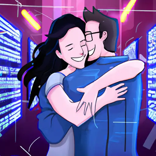 An image showcasing a couple of techies, beaming with joy, embracing each other against a backdrop of binary codes and glowing screens, symbolizing the success stories and testimonials of love found through our dating app