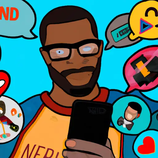 An image showcasing a black nerd confidently using a dating app on their smartphone, surrounded by colorful speech bubbles filled with interests like sci-fi, video games, and comic books