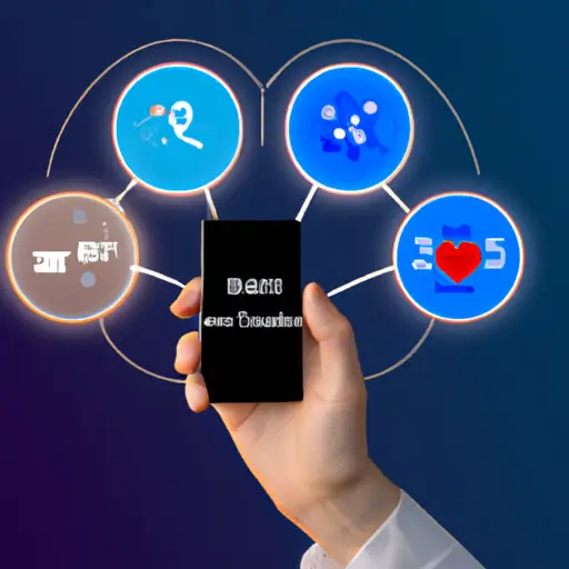 An image showcasing a scientist's hand holding a smartphone with a dating app interface displaying four scientific-themed icons representing efficiency, compatibility, data analysis, and intellectual connections