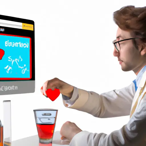 An image showcasing a scientist sitting at a computer, surrounded by equations and beakers, while swiping through a dating app interface on the screen