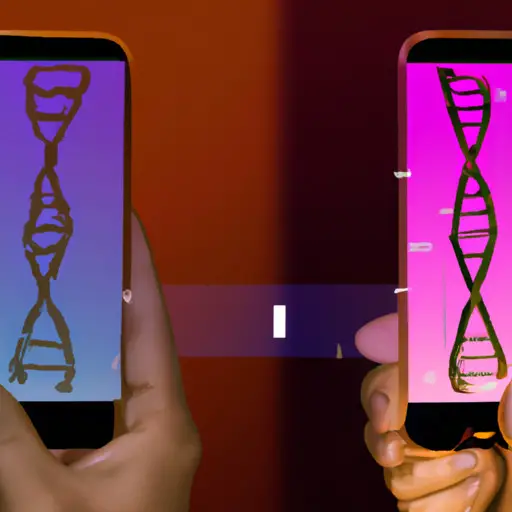 An image showcasing a smartphone screen split into two halves, one displaying a DNA strand matching with another DNA strand, symbolizing compatibility, while the other half shows a scientist exploring a virtual dating app interface