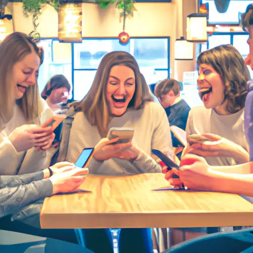 An image of a diverse group of smiling teenagers sitting in a trendy coffee shop, each engrossed in their smartphones and laughing