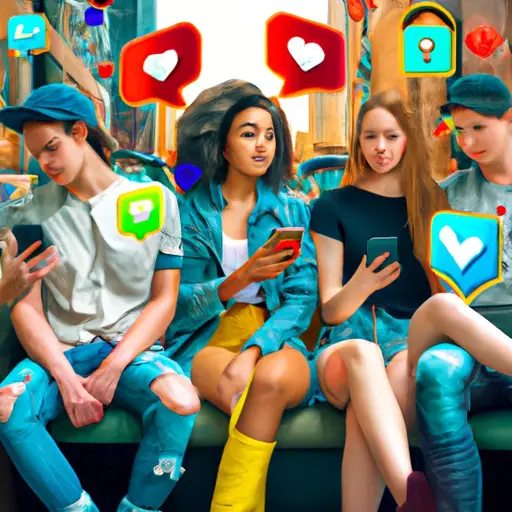 An image showcasing a diverse group of teenagers in a vibrant urban setting, surrounded by smartphones displaying popular dating app icons like Tinder, Bumble, and Hinge