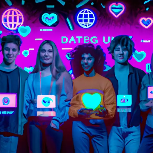 An image showcasing a diverse group of teenagers engaging with futuristic holographic dating profiles on their smartphones, highlighting the seamless integration of technology and personal connections in the future of dating apps for under 18s in the UK