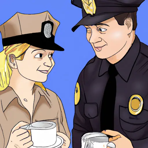 An image depicting a police officer and a potential partner sharing a passionate conversation over coffee at a cozy café, their eyes locked, radiating warmth and understanding