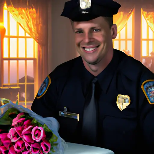 An image showcasing a confident police officer in uniform, sharing a warm smile while holding a bouquet of flowers