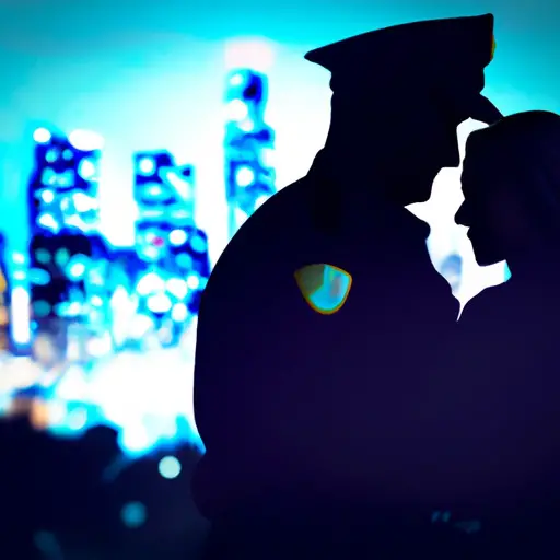 An image that captures the essence of dating as a cop, showcasing a silhouette of a police officer and a hopeful partner against a backdrop of city lights, symbolizing the challenges and unique experiences found in police officers' dating lives