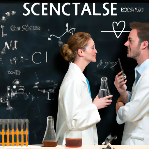 An image showcasing two scientists, engrossed in a lively conversation, surrounded by a backdrop of chemistry glassware, lab equipment, and a chalkboard filled with intricate formulas, symbolizing the scientific exploration of compatibility in dating