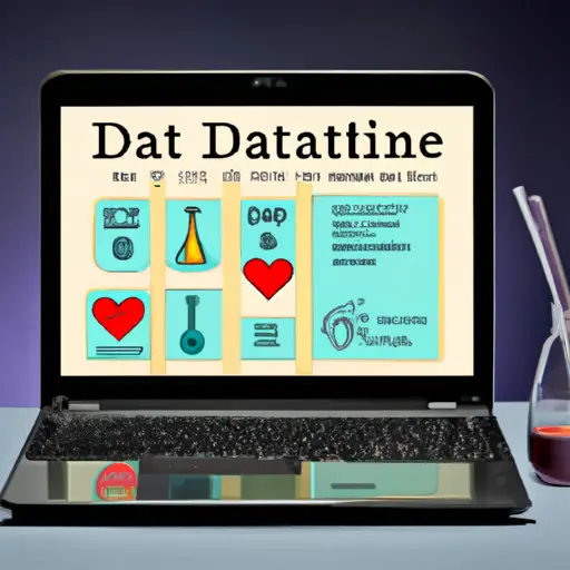 An image showcasing an open laptop with a dating profile displayed, featuring a scientist's photo, interests, and a unique algorithm matching system