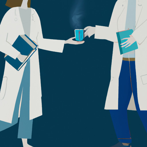 An image of a scientist in a lab coat holding a beaker with one hand, while tenderly holding hands with a partner in a casual outfit with a book in the other hand, depicting the delicate balance between work and relationships in the scientific world