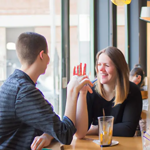 An image showcasing two young adults sharing a lighthearted conversation over coffee at a trendy cafe, surrounded by vibrant decor and a cozy ambiance, capturing the essence of modern dating for 25-year-olds