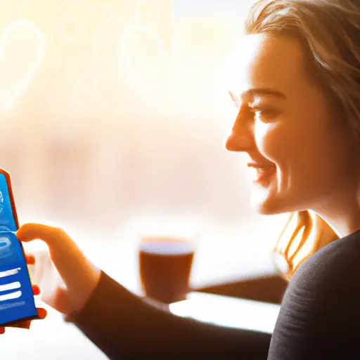 An image of a 25-year-old woman sitting at a coffee shop, holding a smartphone with a dating app open