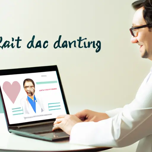 An image that showcases a doctor in a white coat confidently smiling while browsing a dating site on a laptop