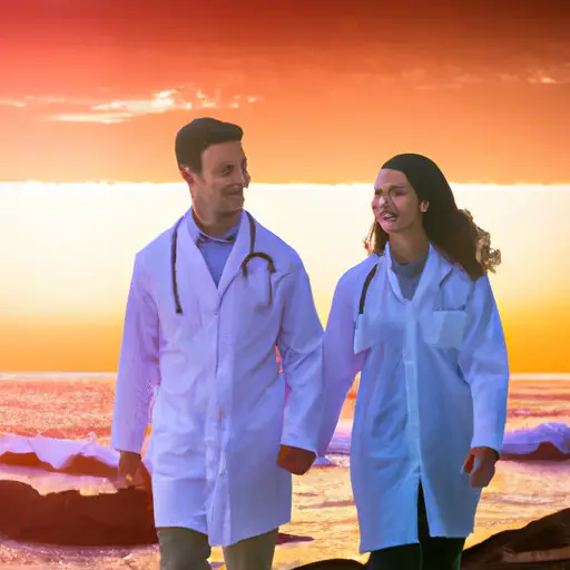 An image showcasing two doctors in their white coats, smiling and holding hands while walking along a serene beach at sunset, capturing the essence of their successful love story originating from an online dating site