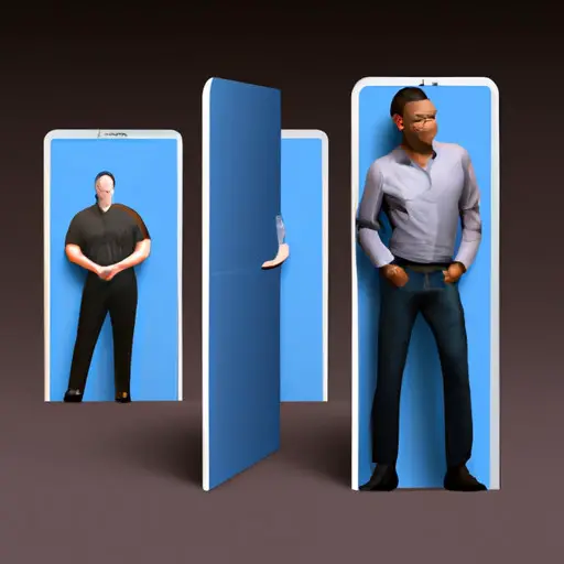 An image showcasing a short man surrounded by towering virtual dating profiles, emphasizing the challenges short men face in online dating