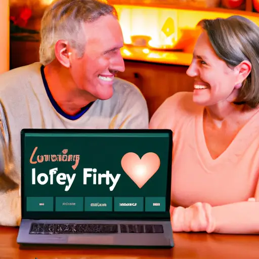 An image featuring a mature couple sitting side by side, smiling while browsing through a laptop, surrounded by a warm, cozy living room ambiance