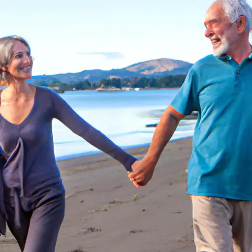 An image showcasing a smiling, confident senior couple outdoors, holding hands as they walk along a picturesque beach