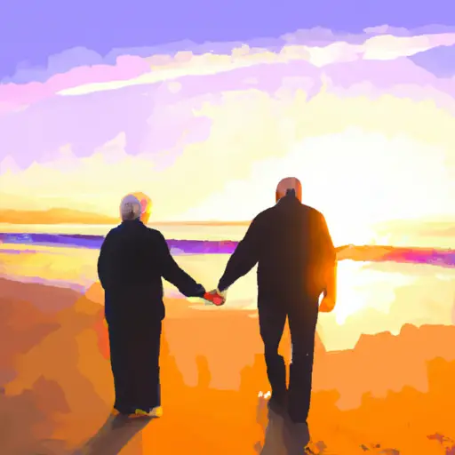An image showcasing the joy of two widowed seniors, holding hands while strolling on a picturesque beach at sunset, radiating happiness and contentment, symbolizing their successful love story found through a dating site