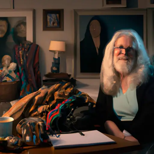 An image of a smiling widow or widower, sitting comfortably in a cozy living room, surrounded by personal belongings that reflect their interests and hobbies