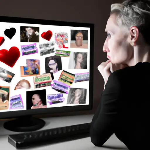 An image showcasing a widowed individual sitting at a computer, surrounded by a collage of emotions: excitement, uncertainty, and vulnerability, representing the challenges of online dating as a widow or widower