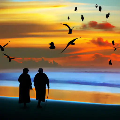 An image capturing the essence of hope and companionship, featuring two silhouettes of widows or widowers, holding hands and strolling along a serene beach at sunset, while seagulls soar above