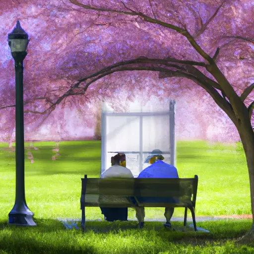 An image showcasing a serene park bench nestled under a blossoming cherry tree, where two widowed individuals share a heartfelt conversation, symbolizing the support and connection fostered by exclusive dating sites for widows