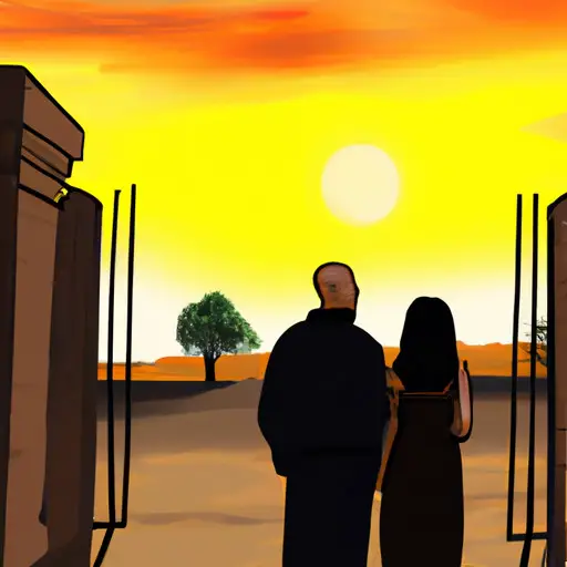 An image depicting a couple standing in front of a towering prison gate, casting a hopeful gaze towards the horizon as the sun sets, symbolizing the challenging yet promising journey of dating someone recently released from jail