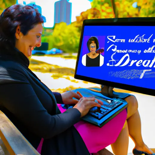 An image showcasing a widow in her 40s, sitting on a park bench, smiling warmly while writing her dating profile on a laptop