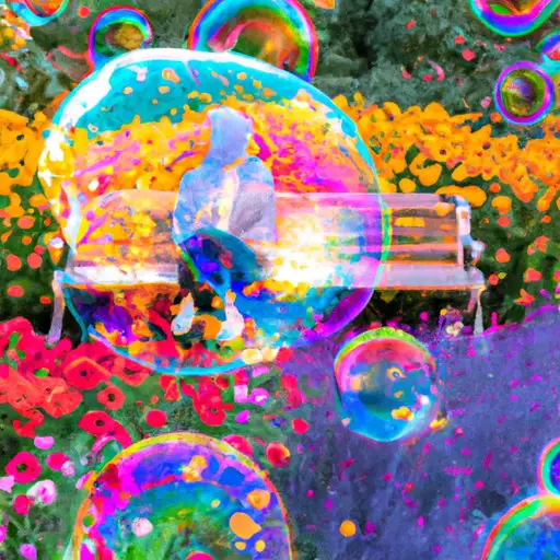 An image showcasing a serene park bench with a person sitting alone, surrounded by a protective bubble of colorful flowers