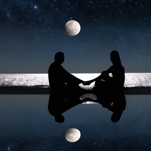 An image of two silhouettes sitting on a moonlit beach, holding hands while gazing at a starry sky
