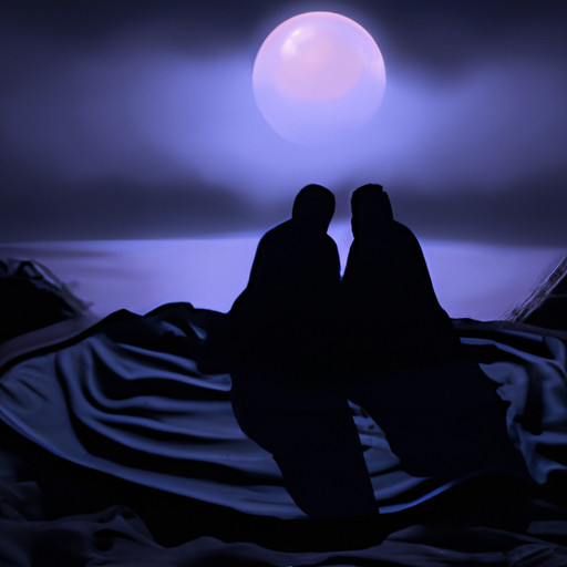An image of two silhouetted figures sitting close together on a moonlit beach, sharing a blanket as they gaze into each other's eyes, engaging in deep conversation, their expressions reflecting vulnerability, trust, and emotional connection