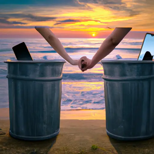 An image depicting a couple holding hands and smiling, with their phones in a trash bin nearby