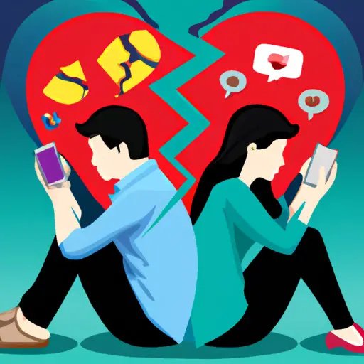 An image depicting a couple sitting back-to-back, one holding a phone with social media icons, visibly conflicted expressions on their faces, surrounded by a shattered heart symbolizing the challenges of deleting social media for their relationship