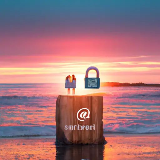 An image featuring a couple embracing each other tightly, standing on a picturesque beach at sunset, as they lock their smartphones in a small wooden box symbolizing the successful deletion of social media accounts