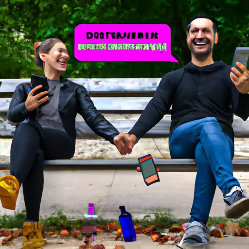 An image that captures a couple sitting side by side on a park bench, smiling and holding hands, while their smartphones lie discarded on the ground, symbolizing the liberation and connection found in deleting social media for a stronger relationship