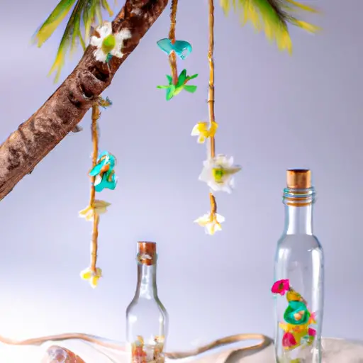 An image showcasing a sandy beach with a palm tree, where miniature glass bottles hang from the branches, adorned with delicate seashells and filled with vibrant tropical flowers