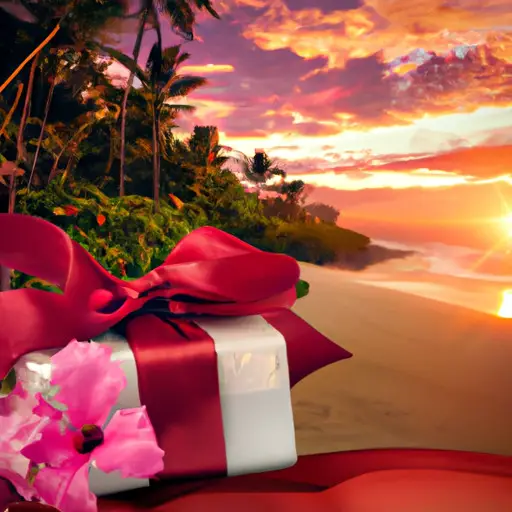 An image featuring a beautifully wrapped gift box adorned with a small luggage tag, nestled among vibrant tropical flowers and a backdrop of a stunning beach sunset, symbolizing the joy of gifting for a destination wedding