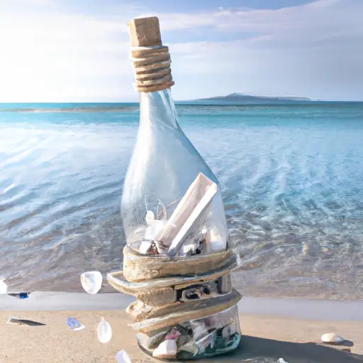 An image capturing a stunning beach landscape, adorned with a personalized message in a bottle washed ashore