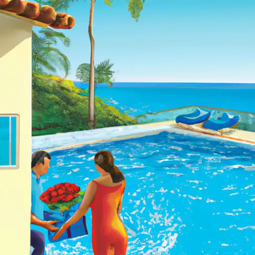 An image of a beachfront villa with a pool overlooking a pristine turquoise ocean, adorned with tropical flowers and palm trees, while a couple embraces in the foreground, exchanging a beautifully wrapped gift