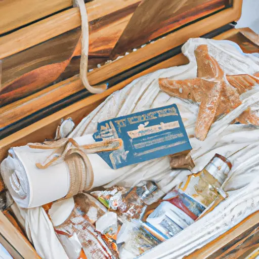 An image featuring a wooden treasure chest adorned with seashells and starfish, filled with customized luggage tags, miniature bottles of local spirits, and personalized beach towels, reflecting the essence of unique and personalized destination wedding favors