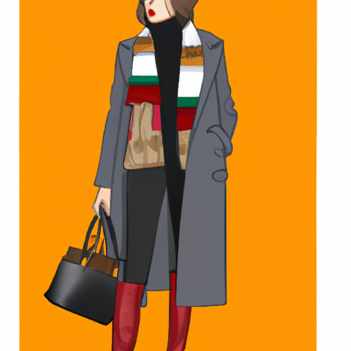 An image depicting a fashionable woman wearing a cozy turtleneck sweater paired with a tailored wool coat, complemented by knee-high boots and accessorized with a chunky scarf and a statement handbag